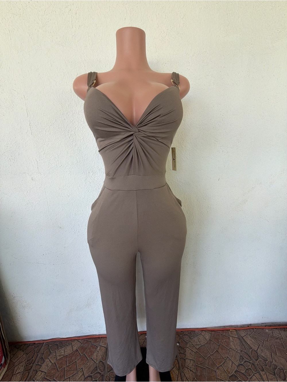 Derek Heart Taupe Twist-Front Strap Jumpsuit